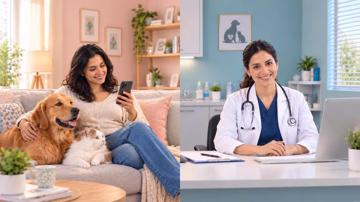 Split frame — at home a woman checks her phone on the sofa with a golden retriever and a cat beside her; at the clinic a vet works at a laptop
