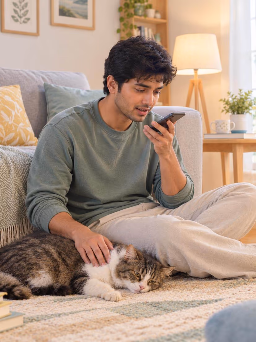 An owner on the floor beside a subdued cat, speaking a concern into their phone