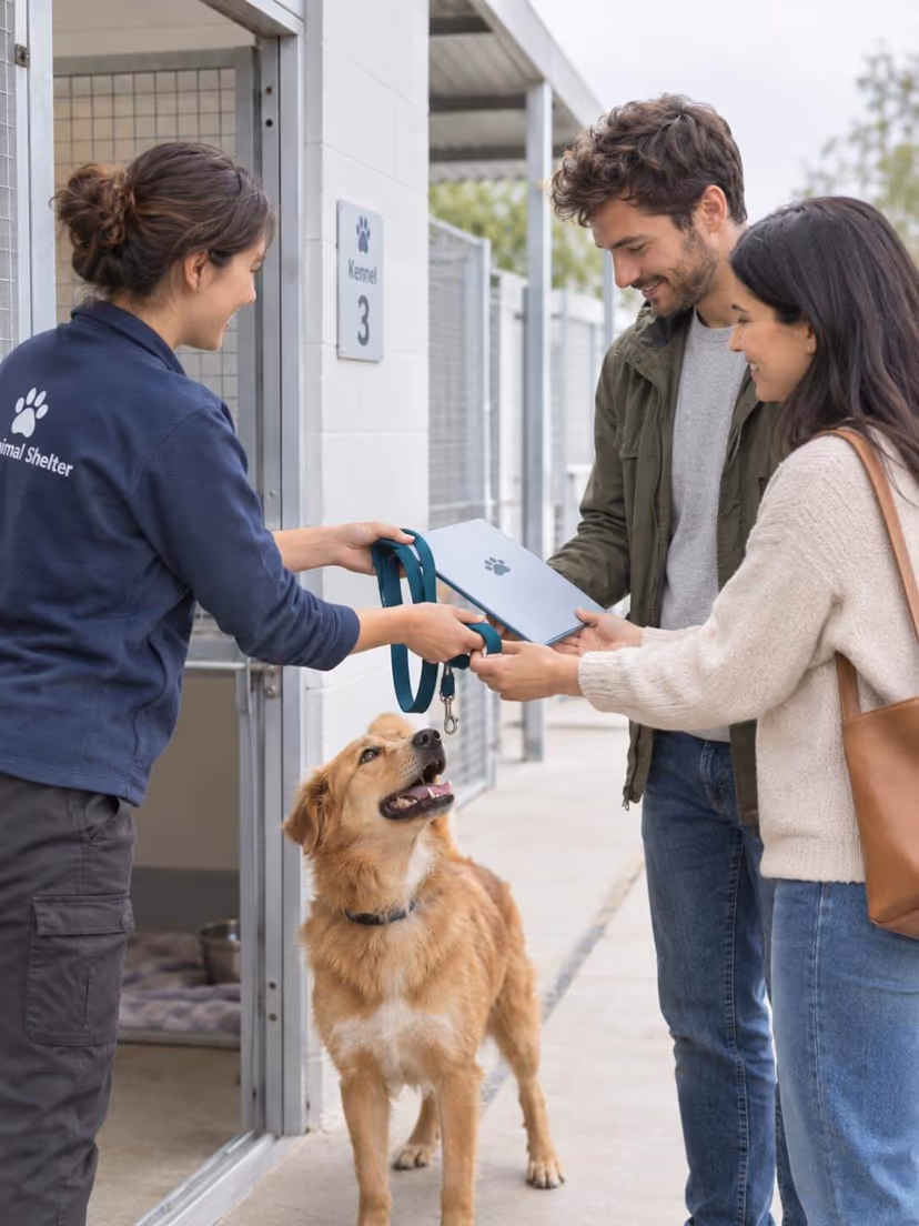 A shelter worker handing a dog and its folder to a new family at the kennel door