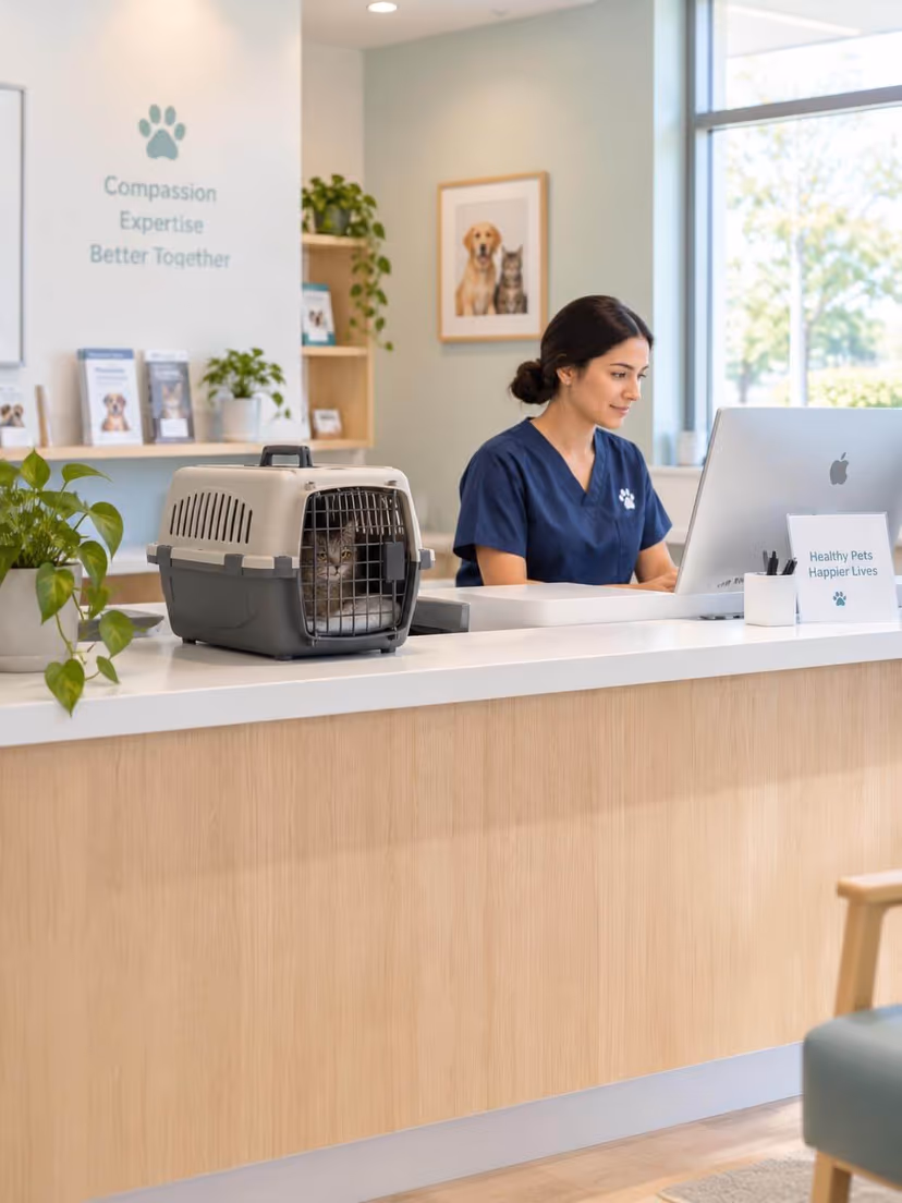 A calm veterinary reception: one person at a screen, no queue, a cat carrier on the counter