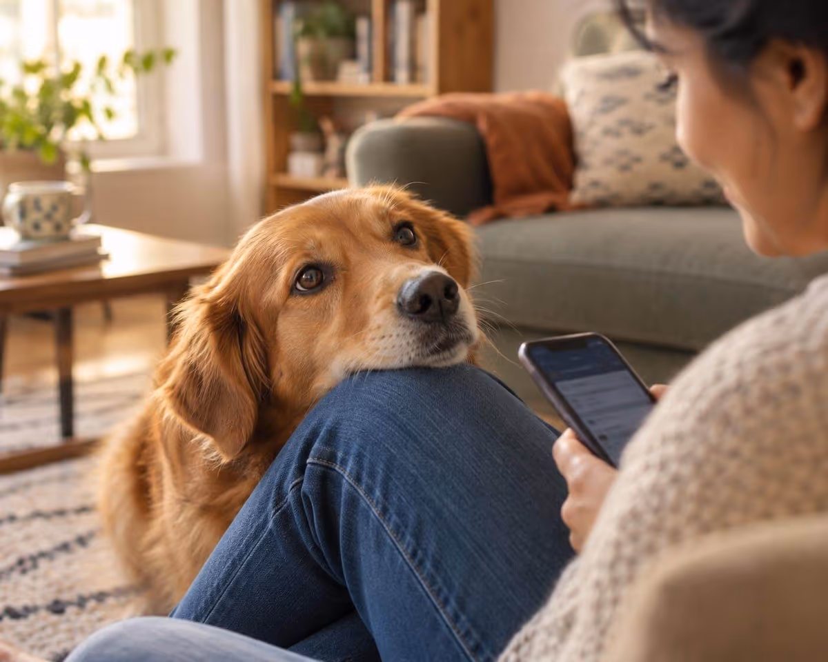 A dog resting its chin on someone’s knee while they glance at their phone