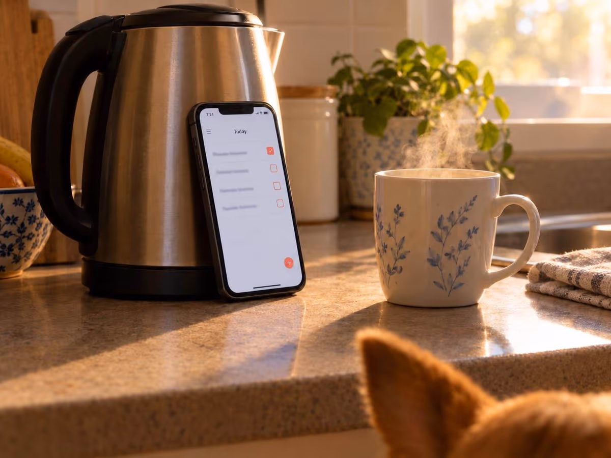 Today’s list on a phone propped against a kettle, one task already ticked