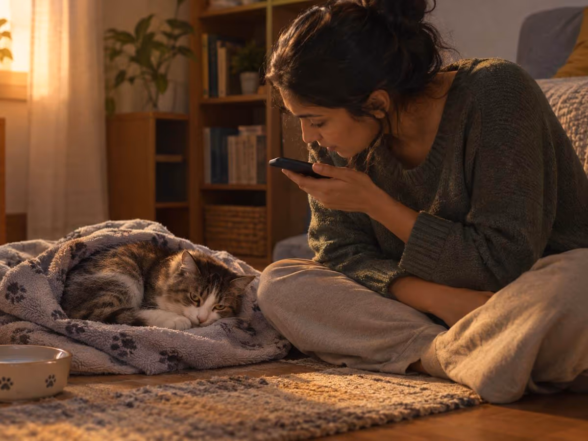 Someone on the floor beside a subdued cat, speaking into their phone
