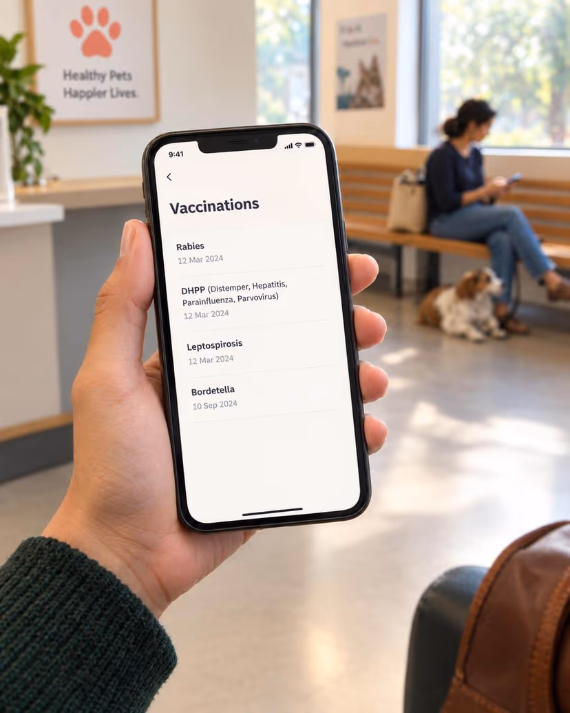 A phone showing a vaccination record, held up in a waiting room